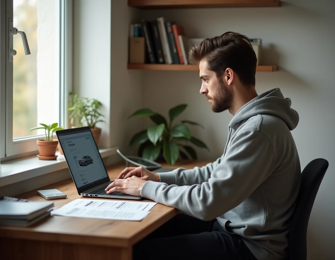 Jeune homme comparant des voitures d'occasion sur un ordinateur portable avec des notes de budget posées sur son bureau