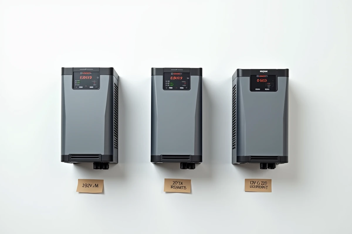 Comparatif de trois convertisseurs 12V 220V pas chers disposés côte à côte avec étiquettes de prix sur fond blanc
