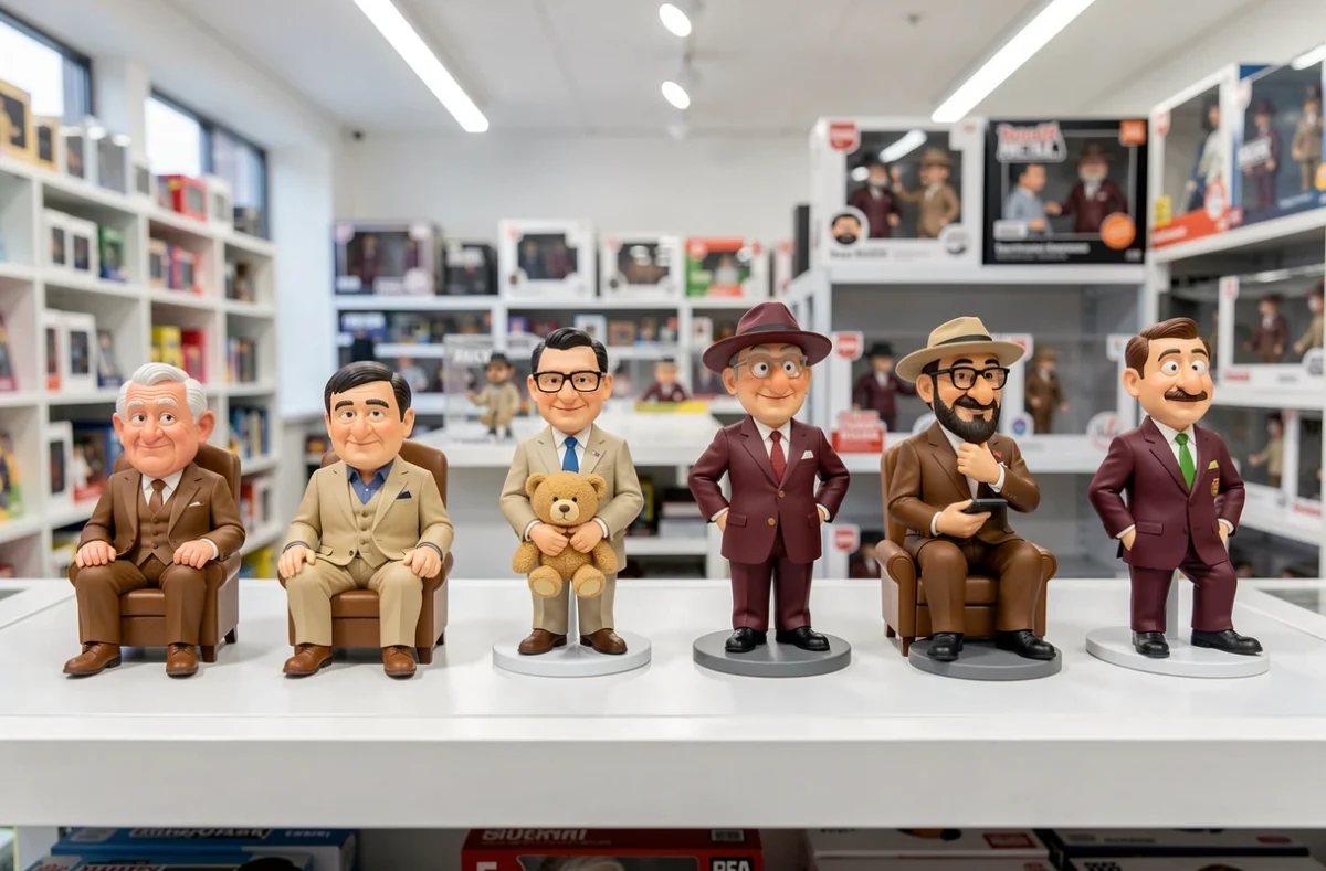 Plusieurs versions de figurines Mini Mister Bean alignées sur une étagère de magasin de collection