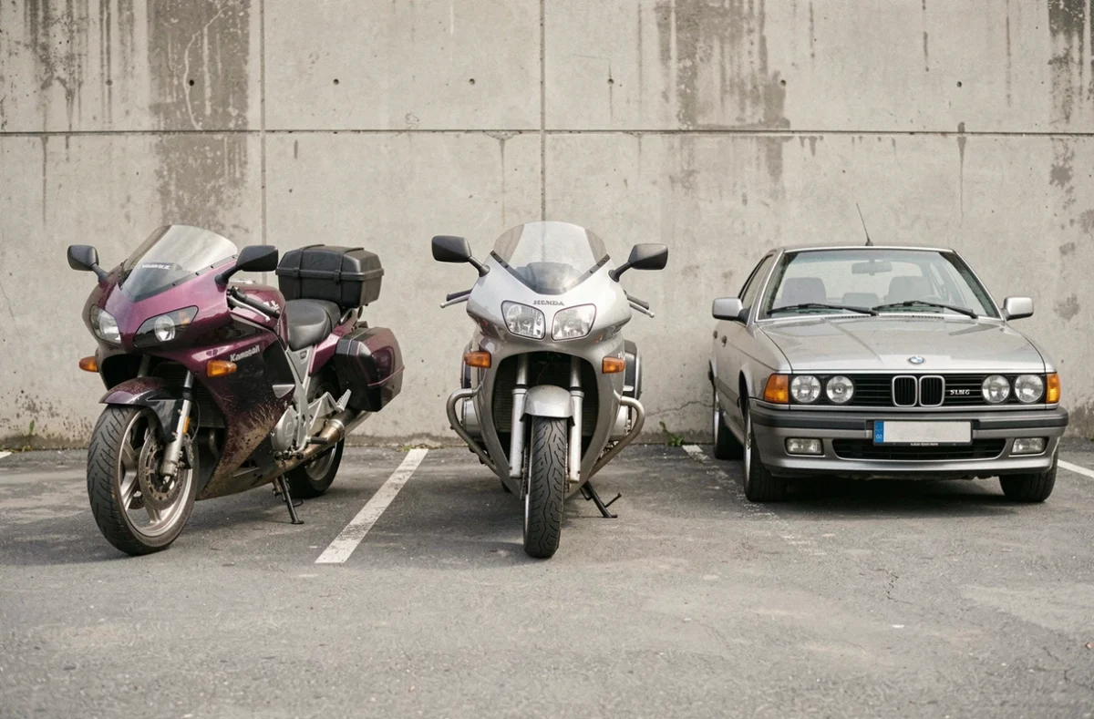 Comparatif de trois grandes routières d'occasion : Kawasaki GTR 1000, Honda ST1100 Pan European et BMW K1100LT côte à côte