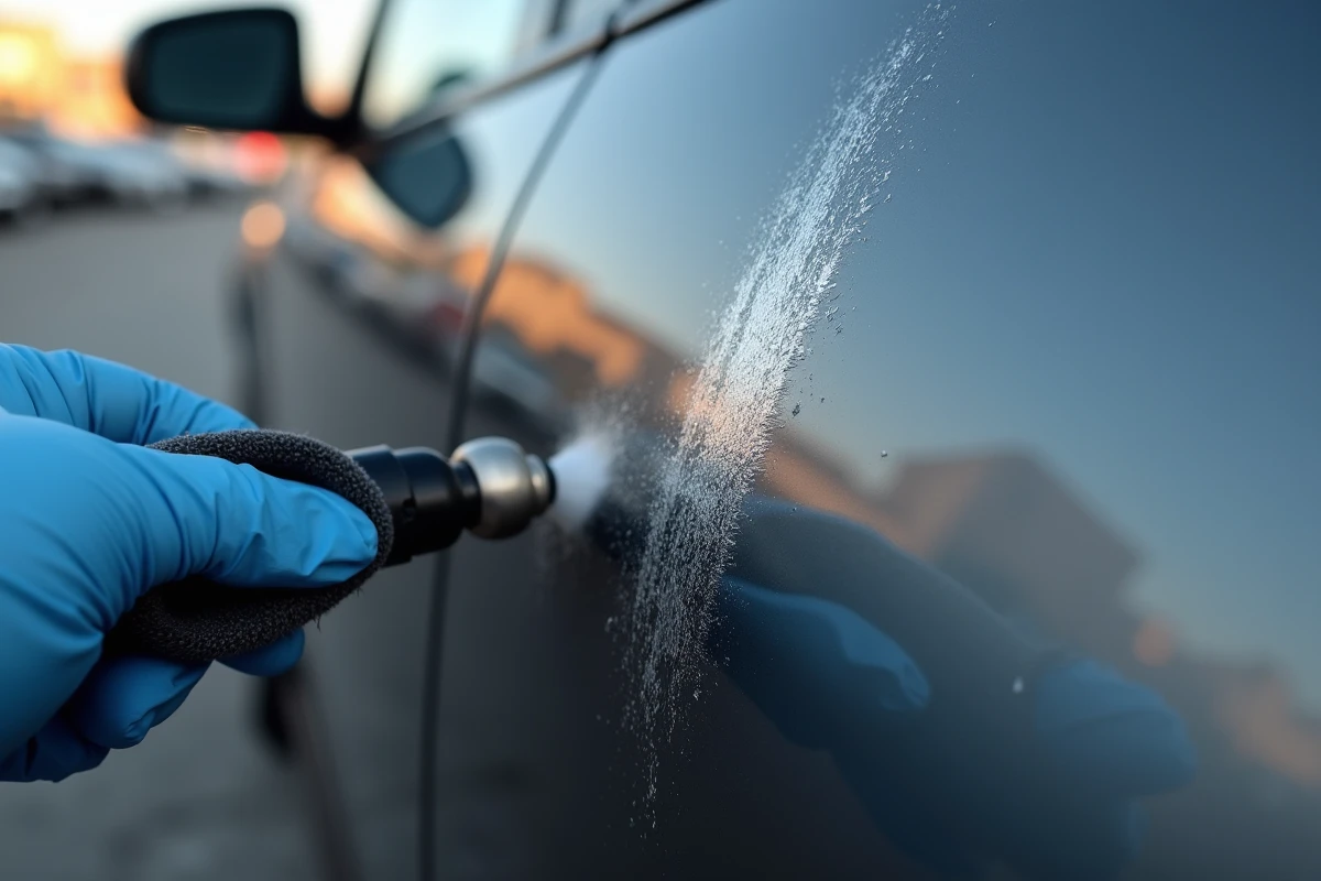 Gros plan comparatif d'une rayure de voiture non traitée et en cours de réparation avec un produit de retouche