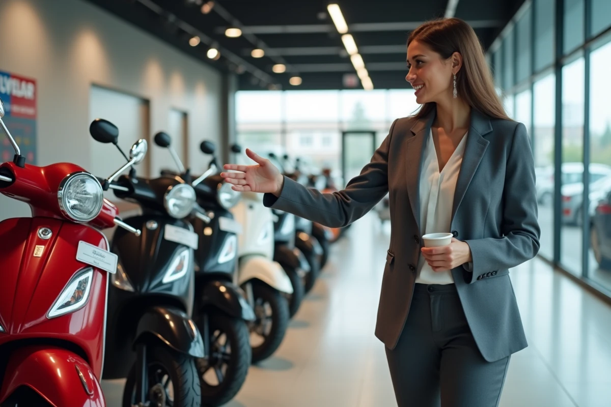 Conseillère en concession présentant des scooters 50cc neufs avec étiquettes de prix
