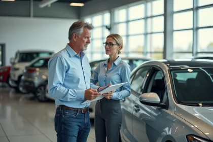 Homme d'âge moyen discutant avec une professionnelle au concessionnaire
