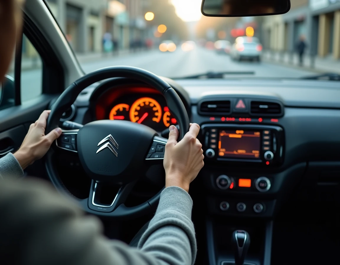 Point de vue conducteur dans une Citroën C3 avec voyants de démarrage visibles sur le tableau de bord