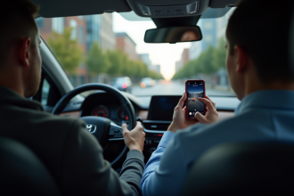 Conducteur inquiet regardant son smartphone dans une voiture moderne