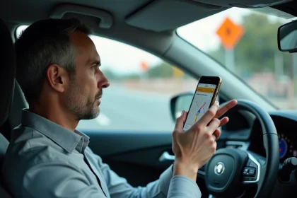 Conducteur consultant une application GPS sur smartphone avec alertes de travaux routiers visibles à l'écran dans un habitacle de voiture