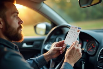 Conducteur sérieux tenant son permis français en regardant un graphique