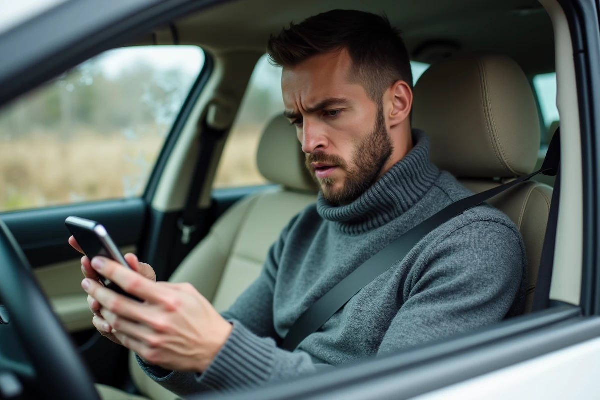 Conducteur composant le numéro d'assistance Groupama sur son téléphone après un accident