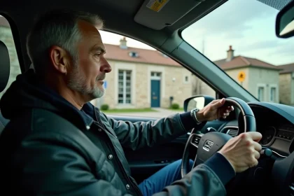 Homme d'âge moyen dans une voiture regardant un radar routier