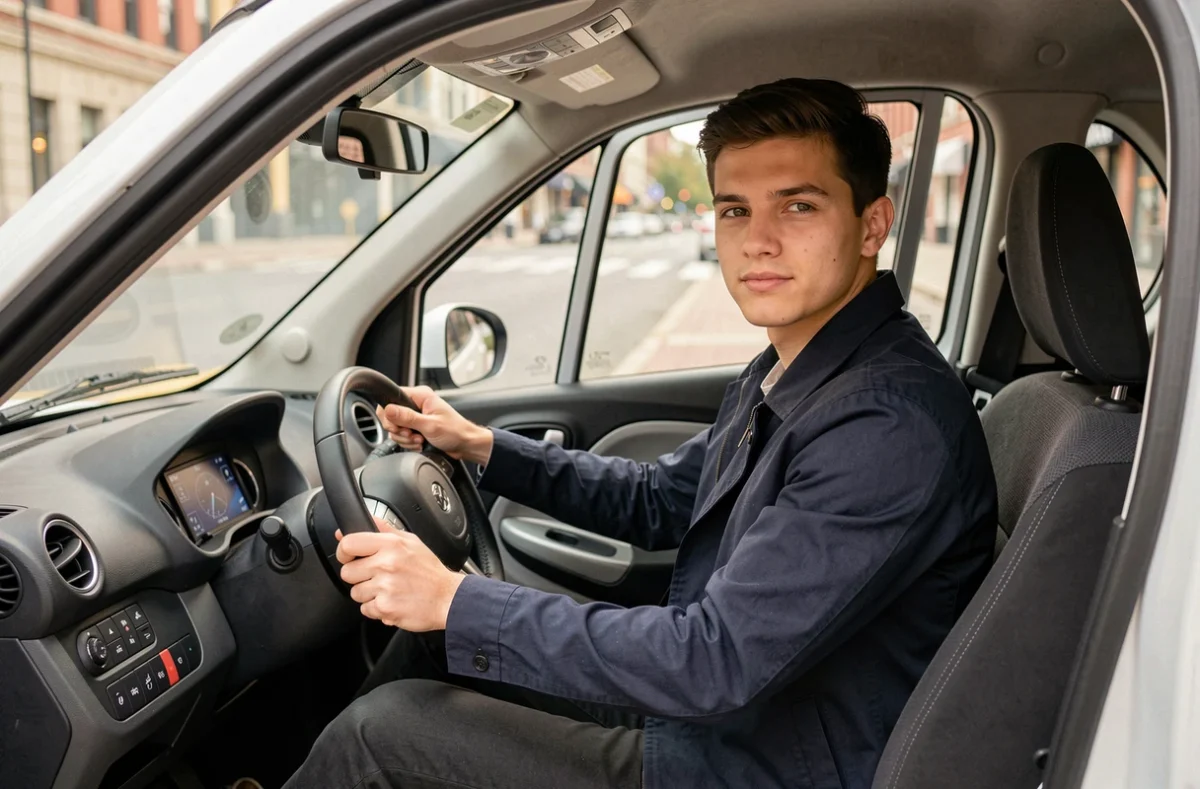 Jeune homme au volant d'une voiture sans permis vue depuis la portière ouverte