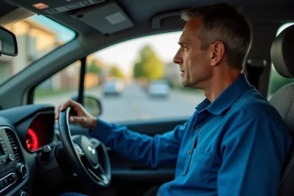 Homme d'âge moyen dans une voiture avec voyant de frein allumé
