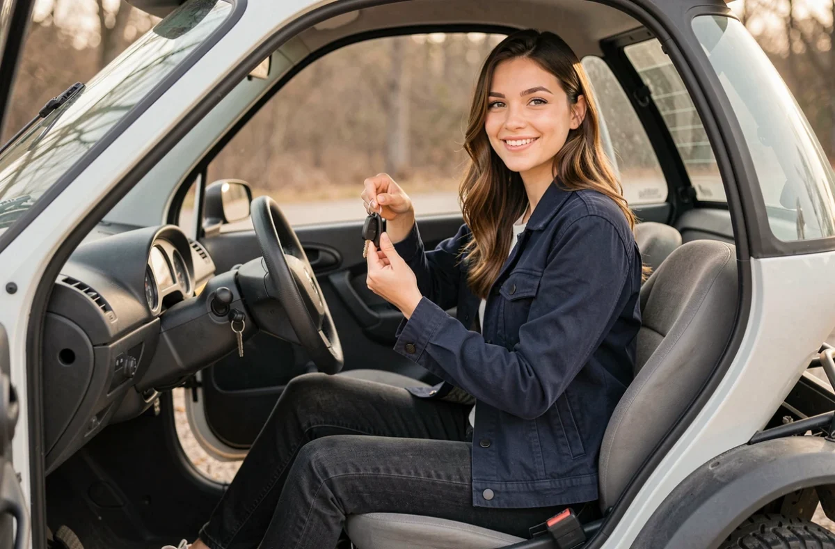 Jeune femme au volant d'une voiture sans permis, illustrant la location mensuelle d'un véhicule VSP accessible