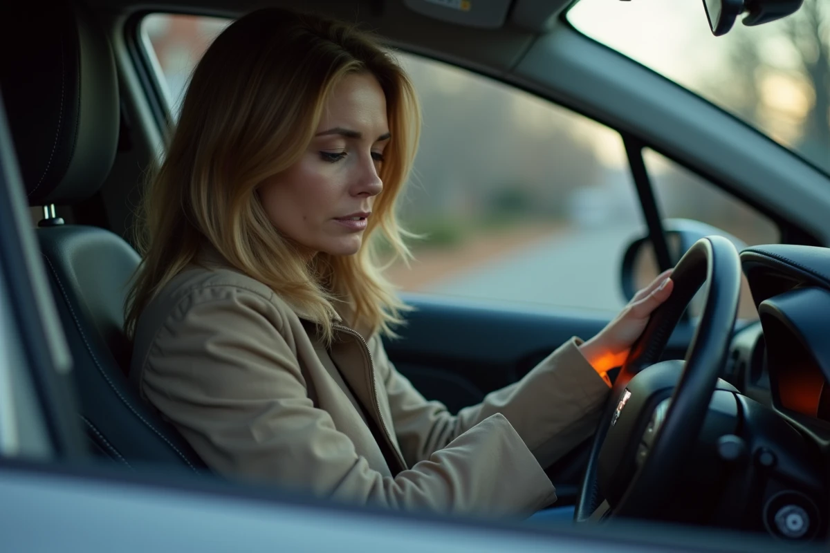 Conductrice inquiète observant un voyant orange allumé dans sa Peugeot 208 garée en ville