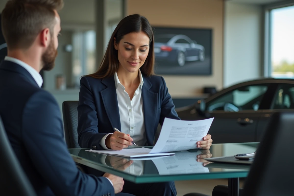 Conseillère commerciale présentant les documents d'une vente automobile haut de gamme à un client dans un bureau élégant