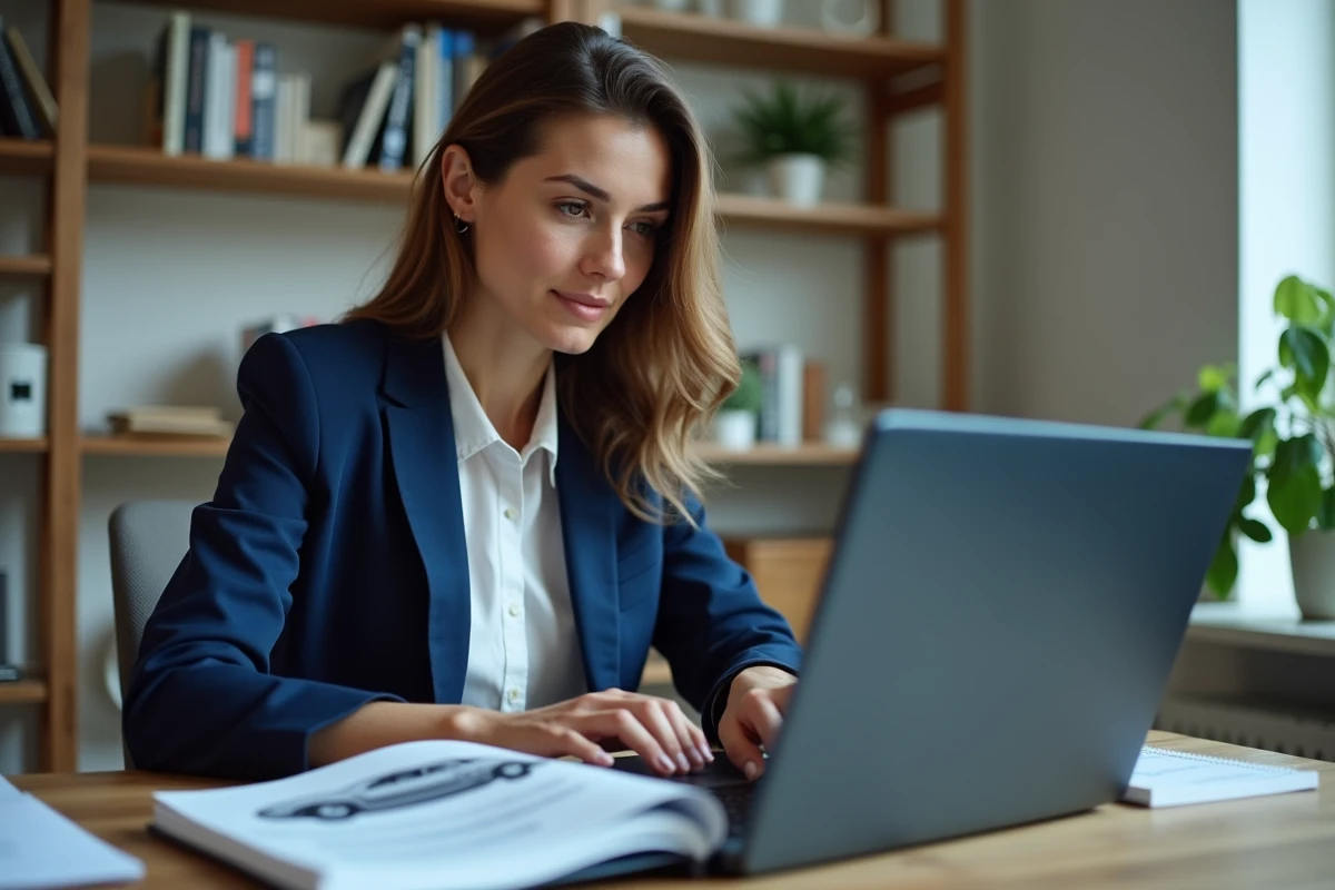 Femme consultant un site de fiches techniques auto sur ordinateur portable avec manuel constructeur ouvert