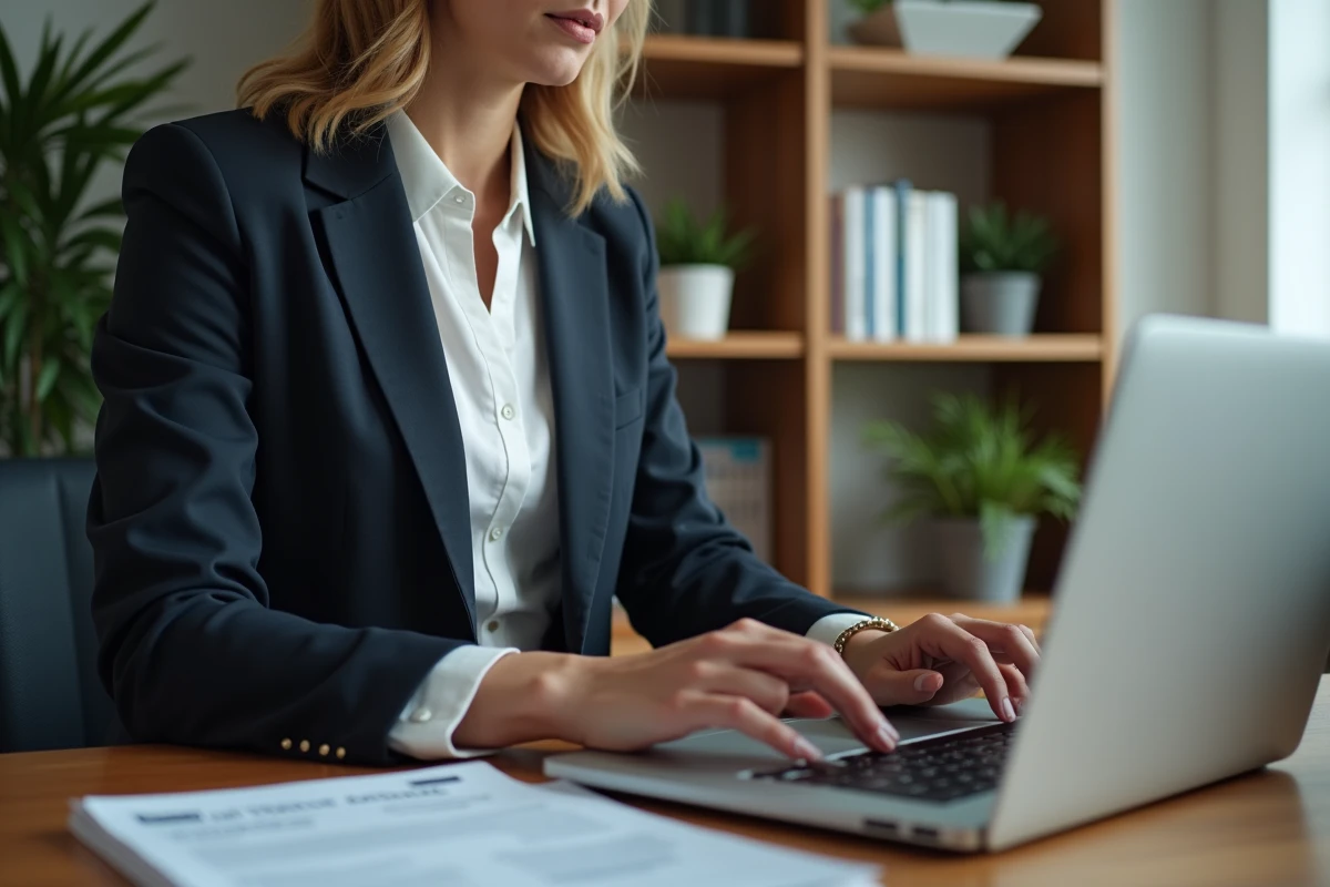 Femme en train de contester une amende reçue à tort via le SIV sur son ordinateur portable dans un bureau à domicile