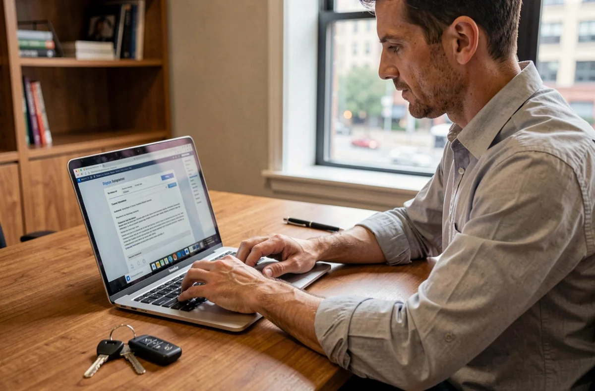 Entrepreneur consultant un contrat d'assurance voiture professionnelle sur ordinateur dans un bureau moderne