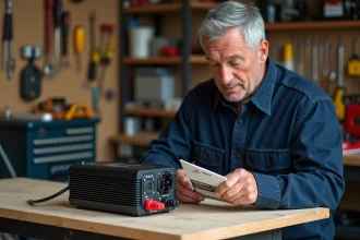 Convertisseur 12V 220V posé sur un établi dans un garage avec un homme examinant l'emballage