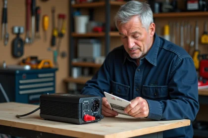 Convertisseur 12V 220V posé sur un établi dans un garage avec un homme examinant l'emballage