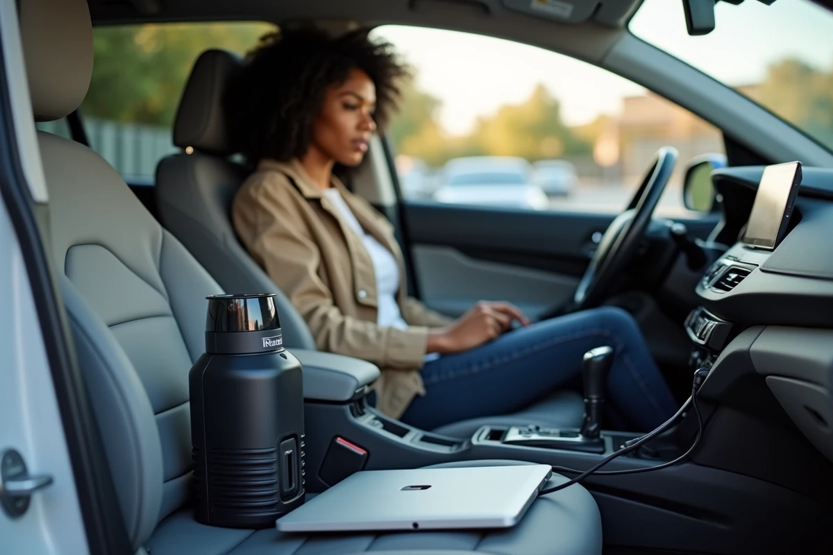 Convertisseur 12V branché sur allume-cigare d'un SUV avec un ordinateur portable et une cafetière connectés