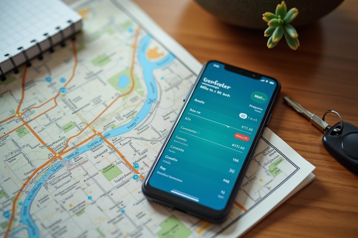 Vue aérienne d'un smartphone affichant un convertisseur miles en km/h posé sur un bureau avec une carte routière et une clé de voiture