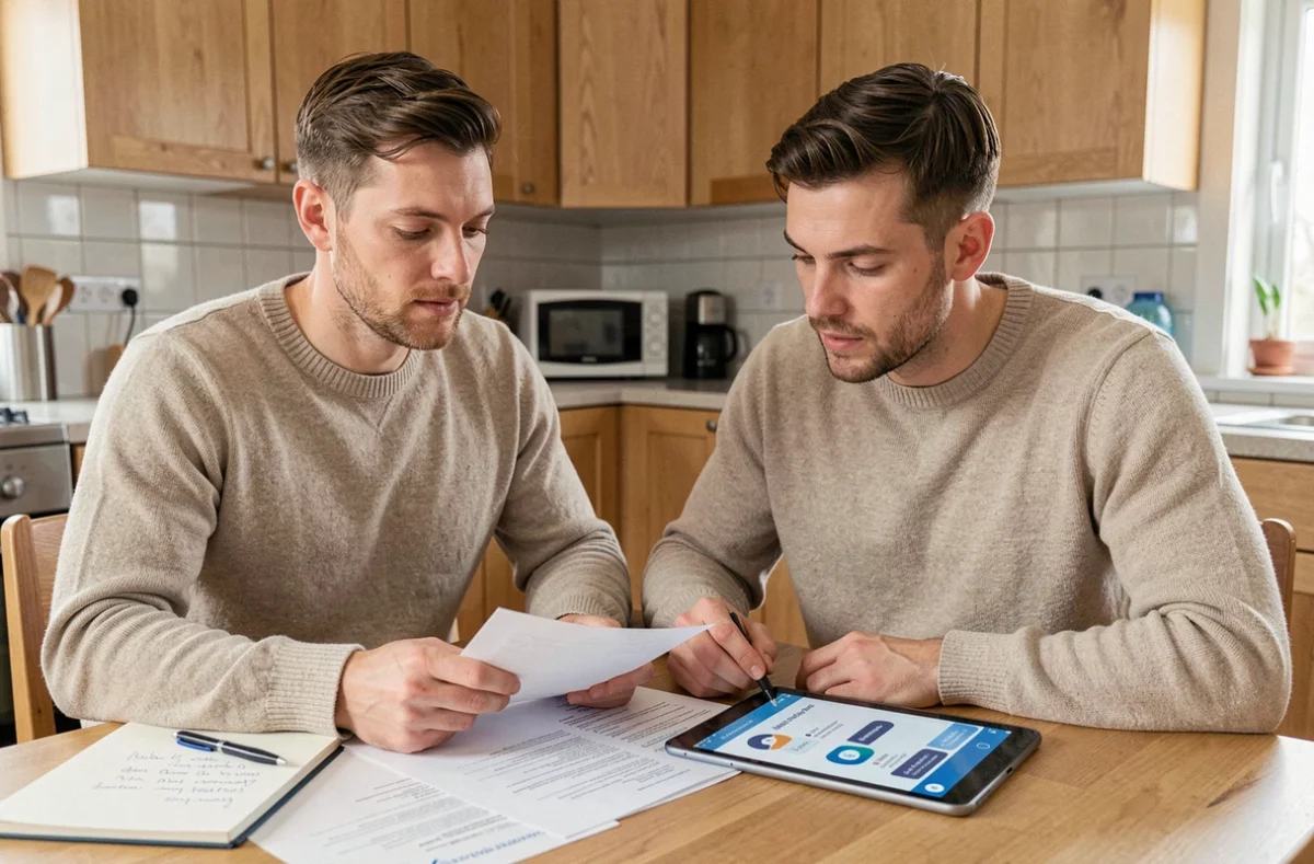 Couple comparant des offres d'assurance auto MACIF ensemble autour de documents et d'une tablette dans une cuisine moderne