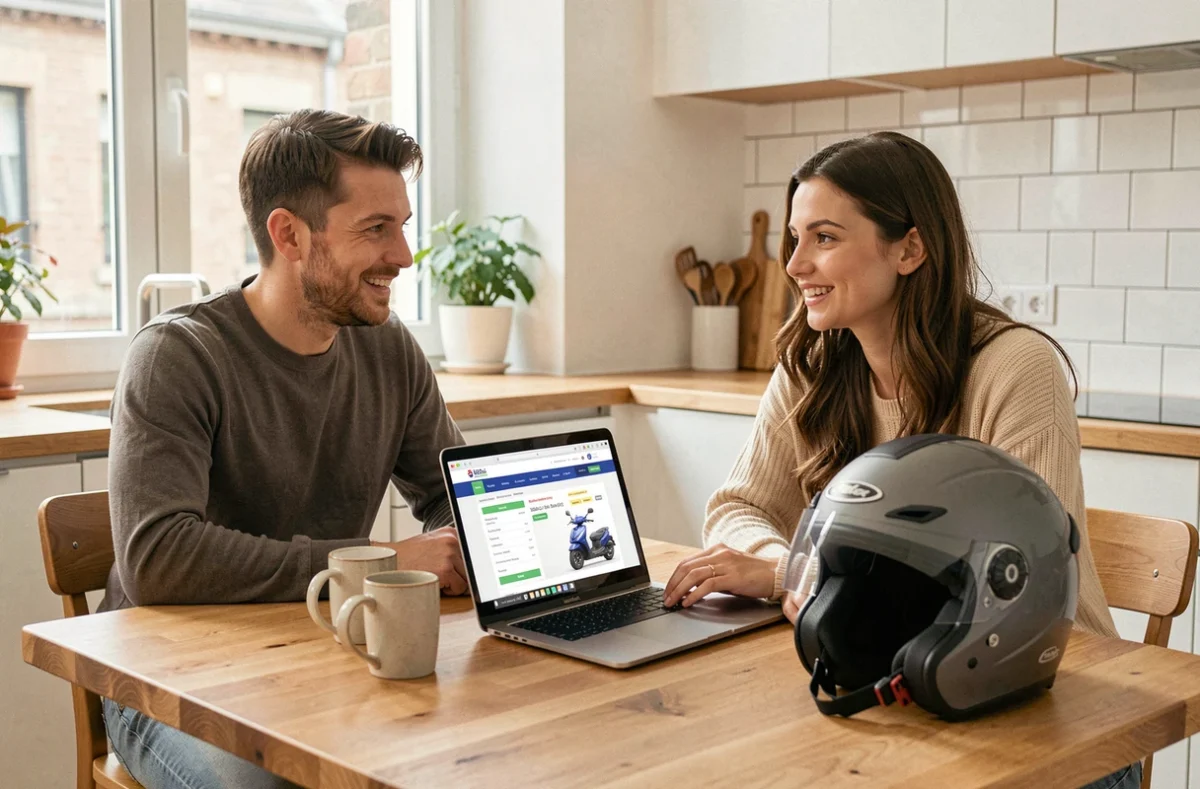 Couple comparant les prix d'assurance scooter 125 sur un ordinateur portable dans une cuisine moderne