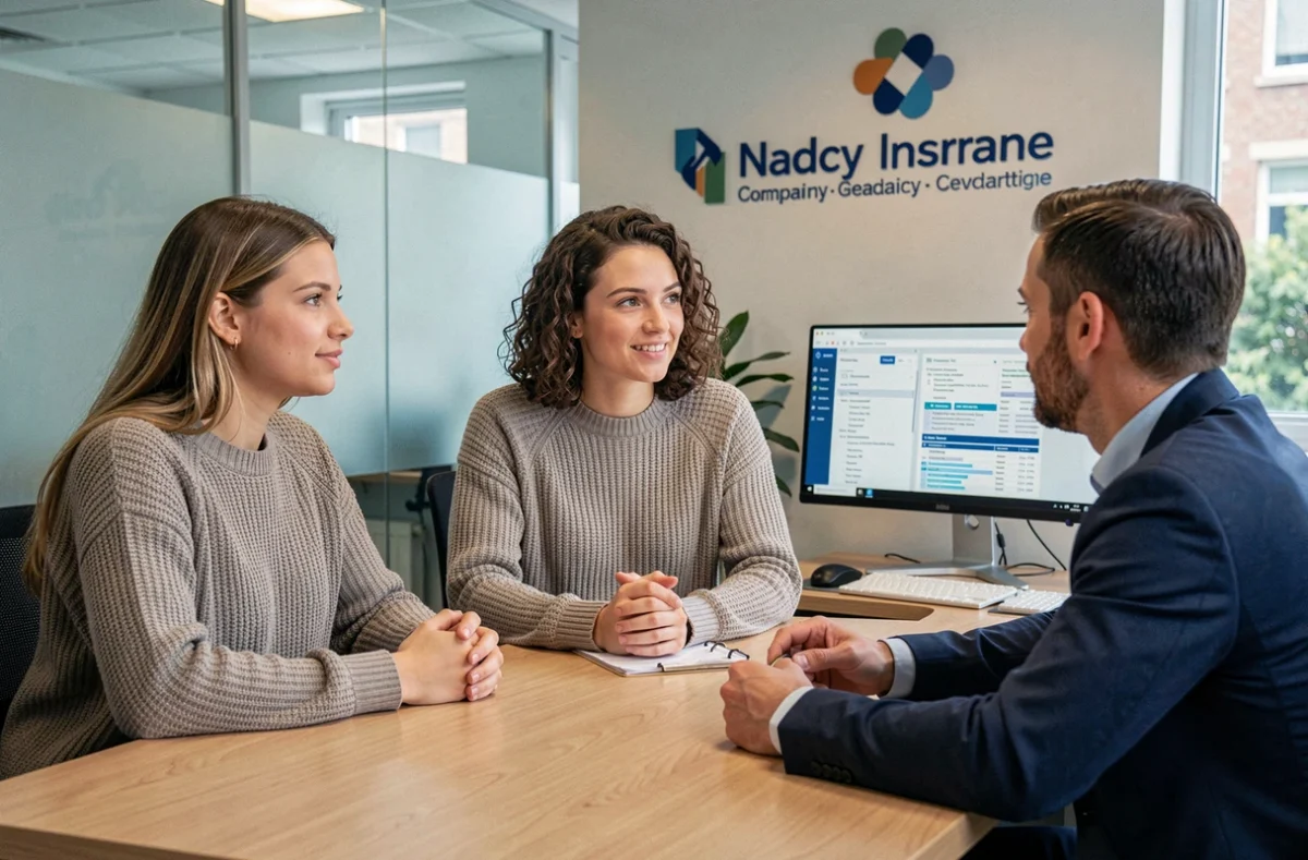 Couple en rendez-vous avec un courtier d'assurance auto dans une agence à Nancy