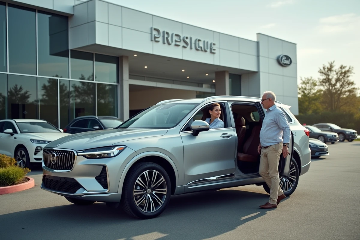 Couple inspectant l'intérieur d'un SUV de luxe sur le parvis d'une concession automobile prestige