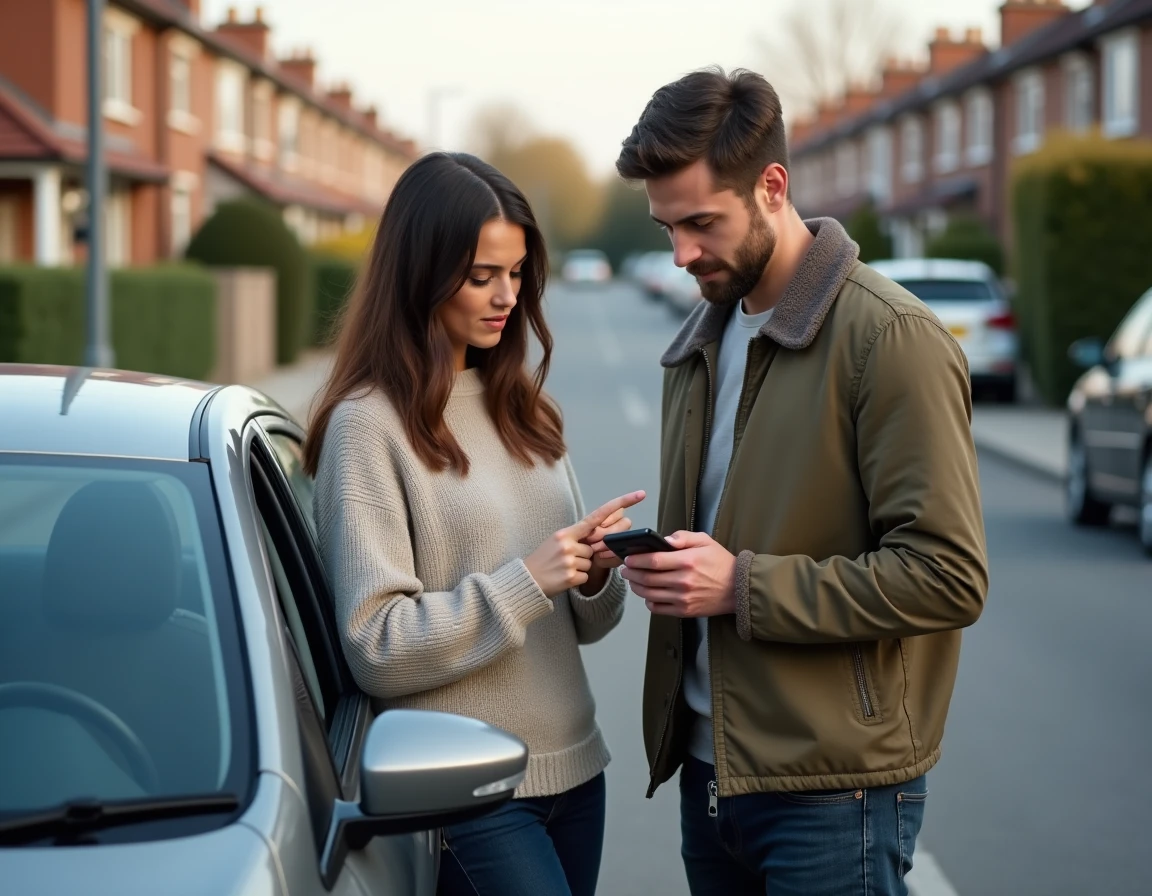 Couple de jeunes adultes examinant ensemble une petite voiture d'occasion dans une rue résidentielle calme