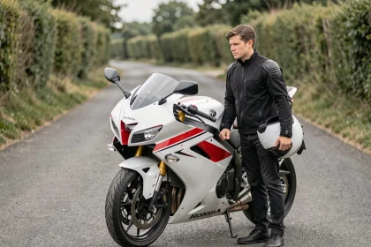 Jeune motard débutant debout à côté d'une Honda CBR 1000 F sur une route de campagne, casque sous le bras, regard hésitant vers la grosse cylindrée