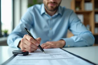 Homme remplissant un dossier de carte grise pour véhicule neuf à son bureau, avec une clé de voiture posée à côté des documents officiels