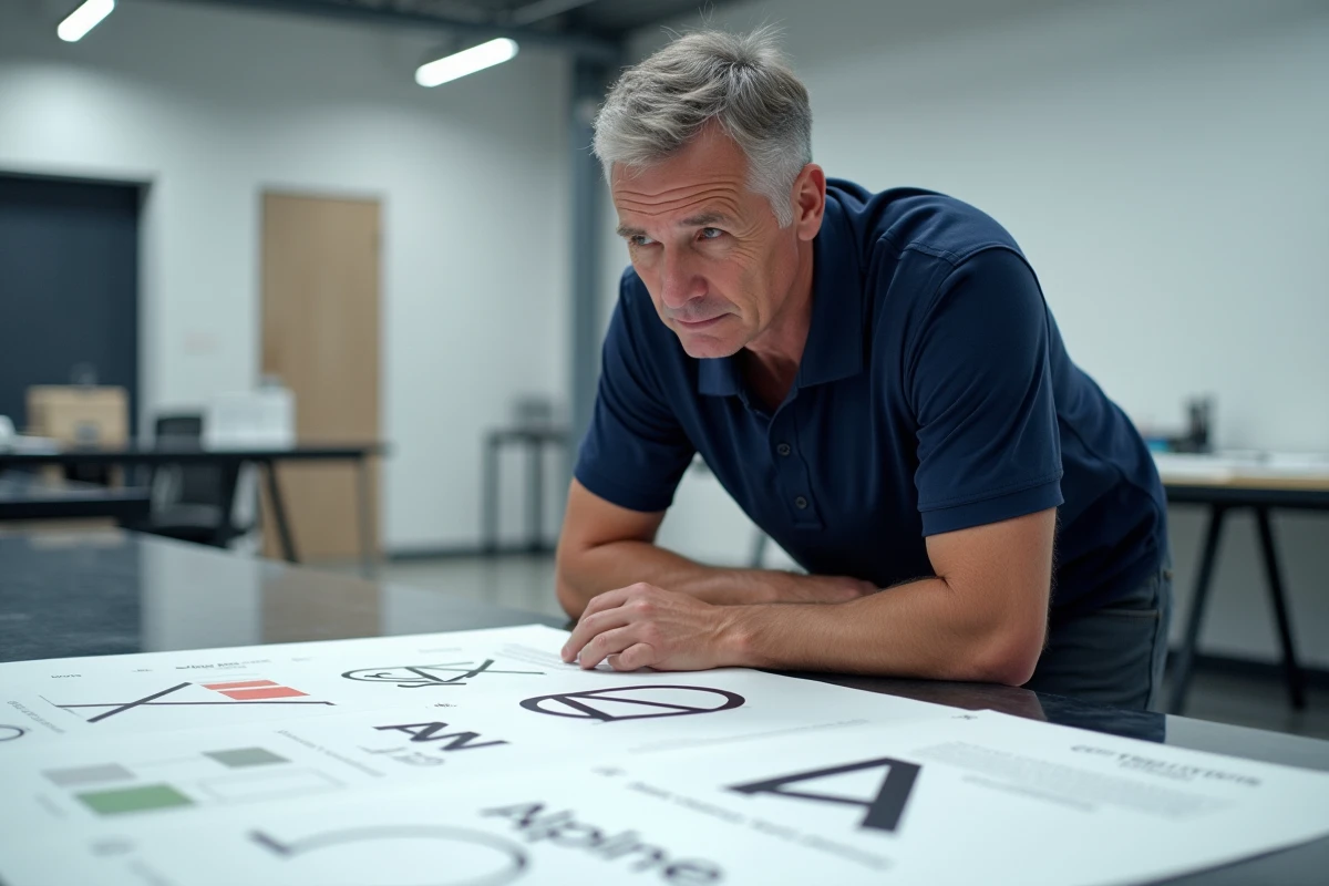 Ingénieur de design automobile étudiant les directives de la marque Alpine avec le logo dans un studio de conception professionnel