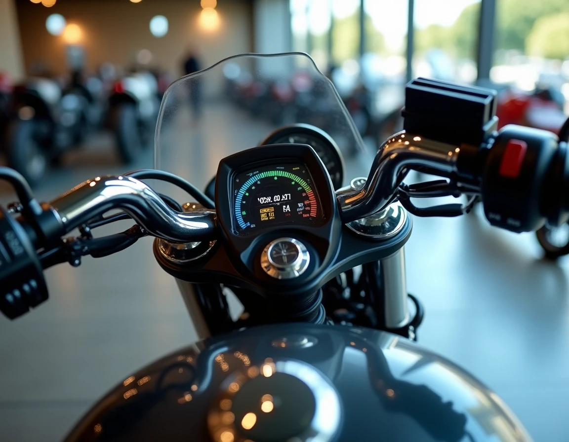 Détail du tableau de bord numérique et du moteur d'une moto puissante avec systèmes ABS et contrôle de traction