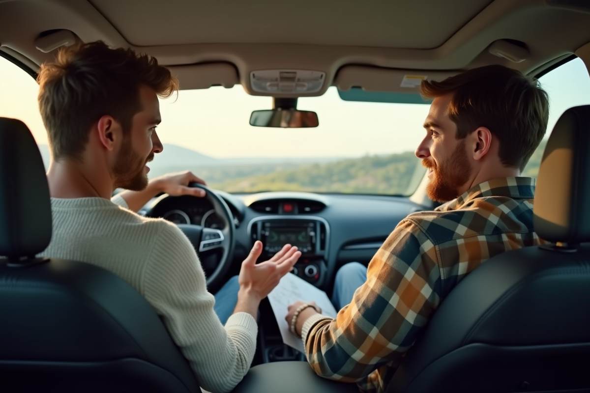 Deux jeunes hommes discutant dans une voiture au scenic overlook