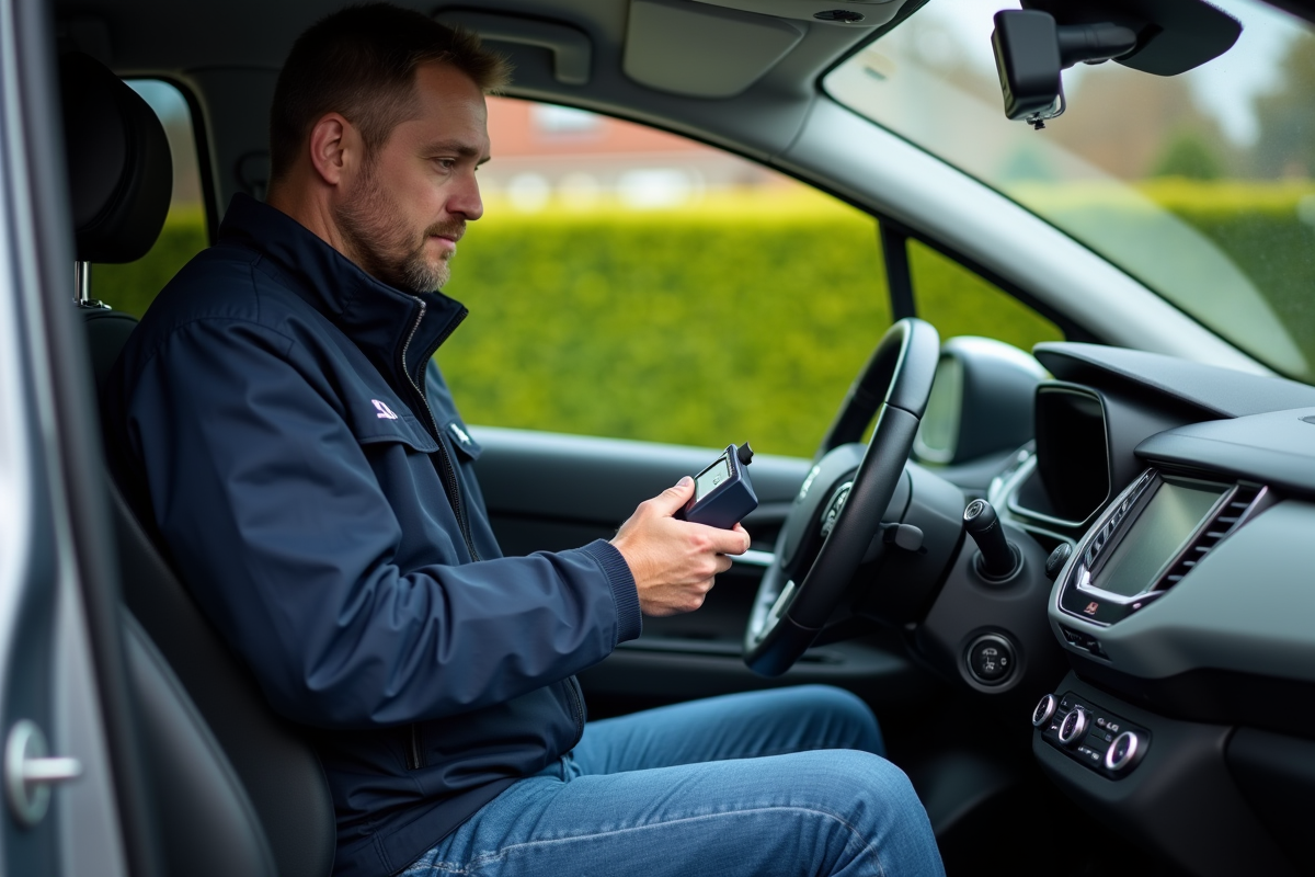 Homme d'âge moyen utilisant un scanner OBD dans une voiture Peugeot
