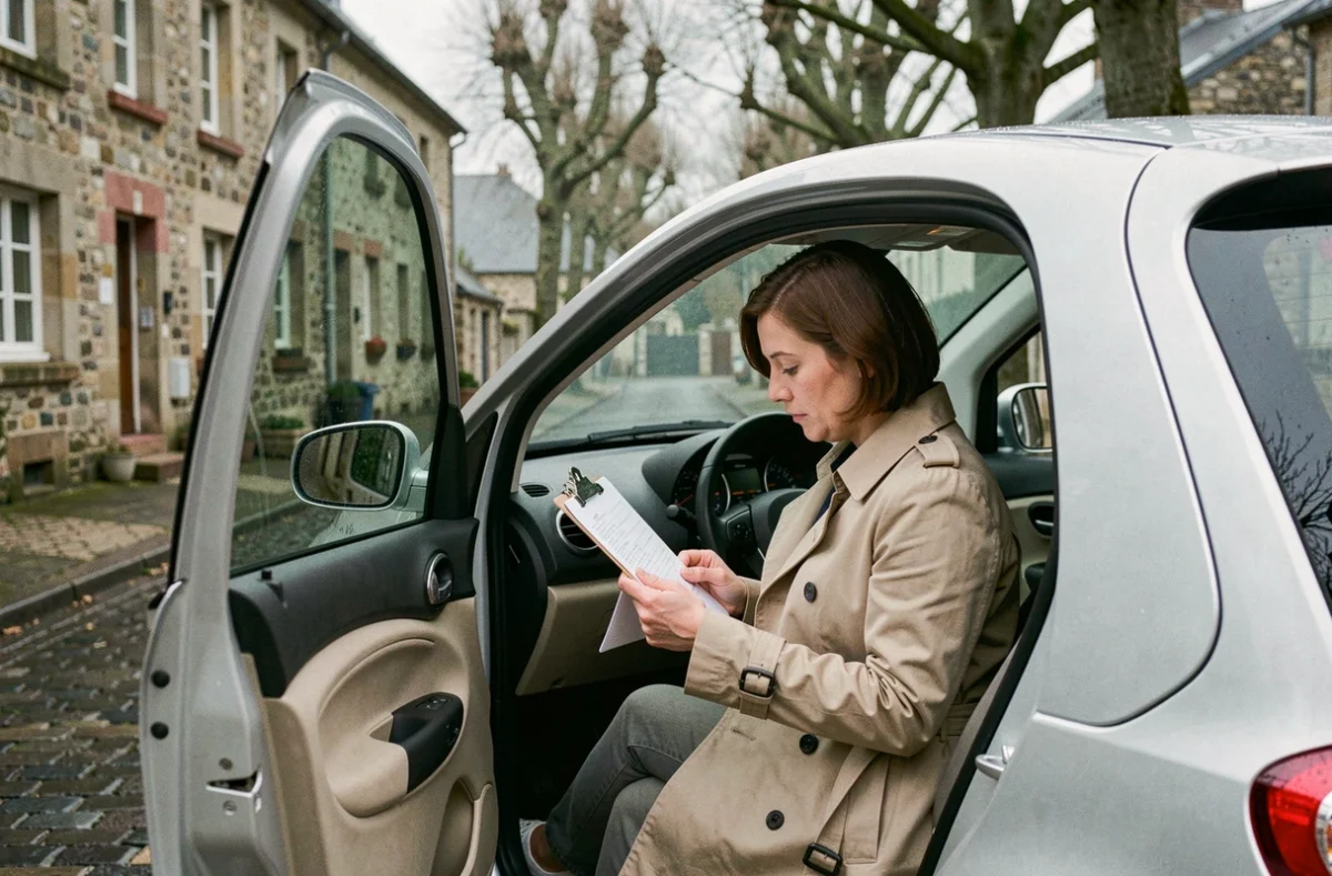 Femme examinant les documents d'une voiture sans permis d'occasion à Rennes