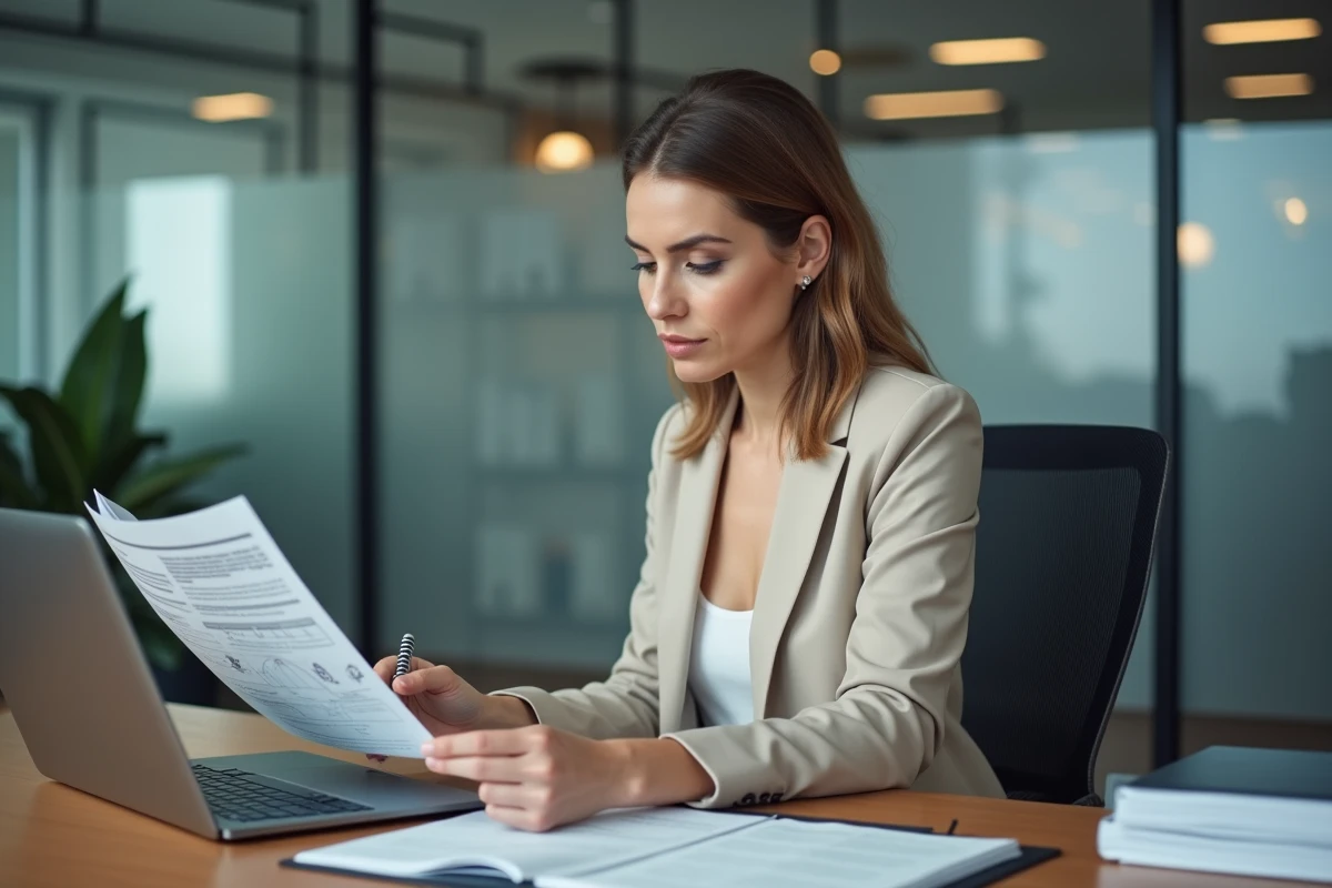 Femme consultant un dossier d'homologation officiel pour la conversion de motorisation et le passage aux mines