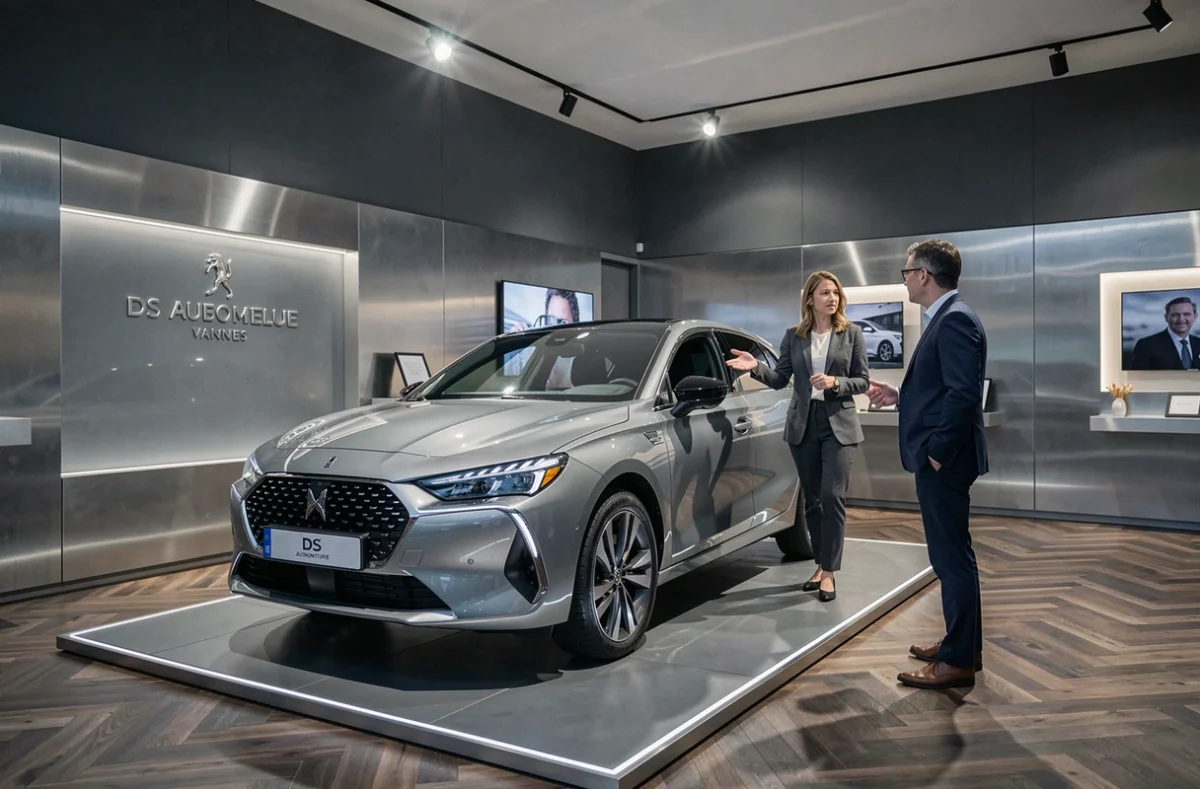 Conseillère DS Automobiles Vannes présentant un modèle DS d'occasion à un client dans un showroom haut de gamme