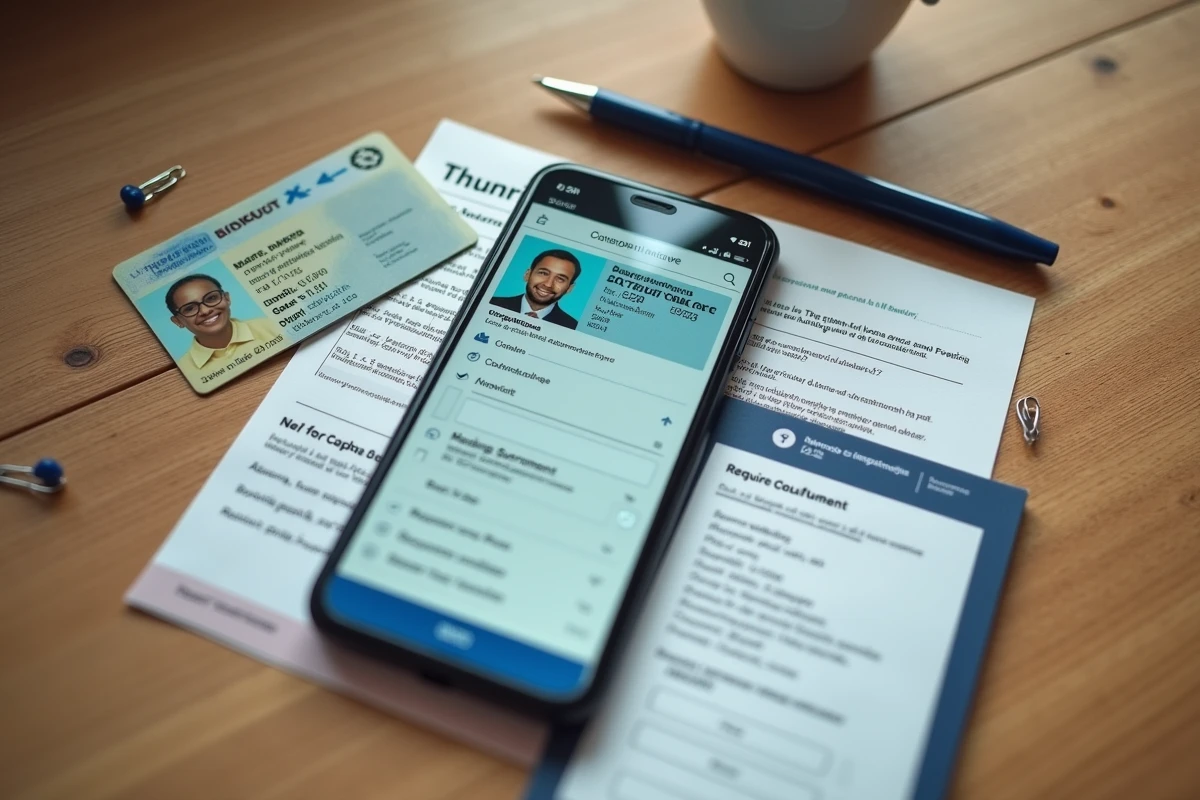 Permis de conduire français posé sur un bureau avec smartphone et documents pour une demande de duplicata en ligne