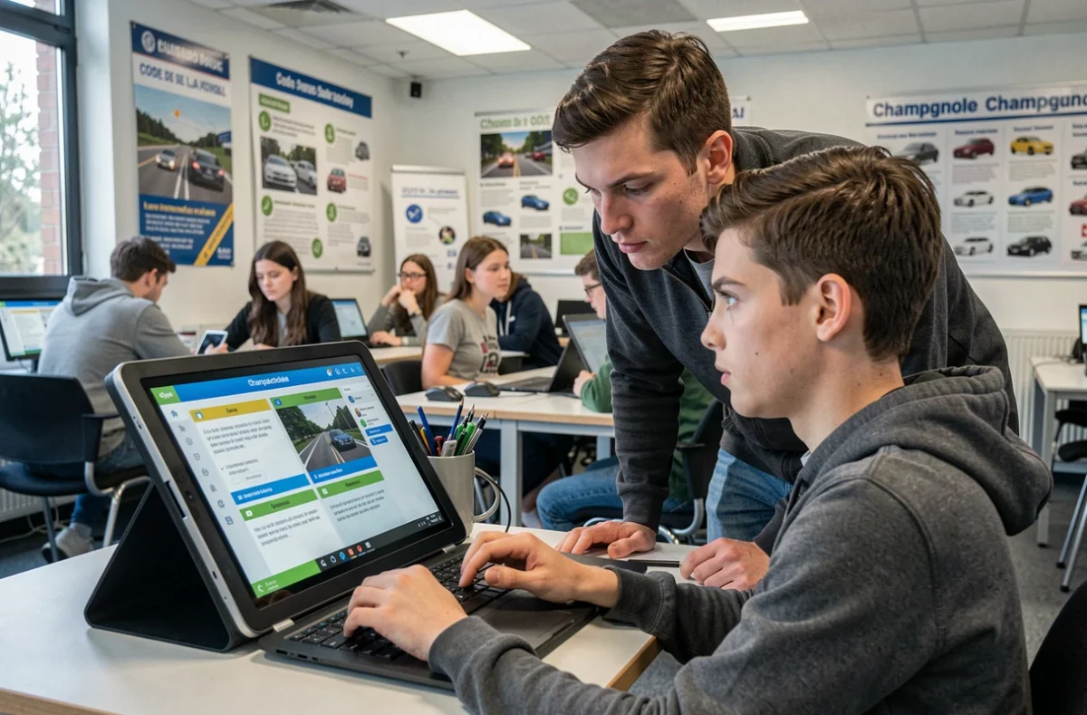 Élève de l'E.C. Jurassienne à Champagnole travaillant sur une formation au code de la route numérique