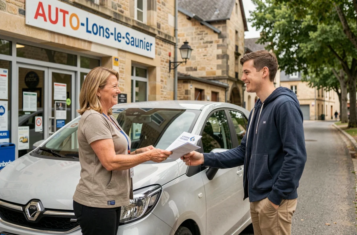 Monitrice de l'École de Conduite Bouquet remettant un carnet de leçons à un élève à Lons-le-Saunier