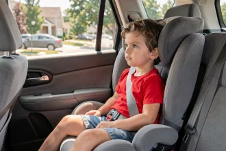 Enfant assis dans un rehausseur auto homologué avec ceinture de sécurité correctement positionnée à bord d'un SUV familial