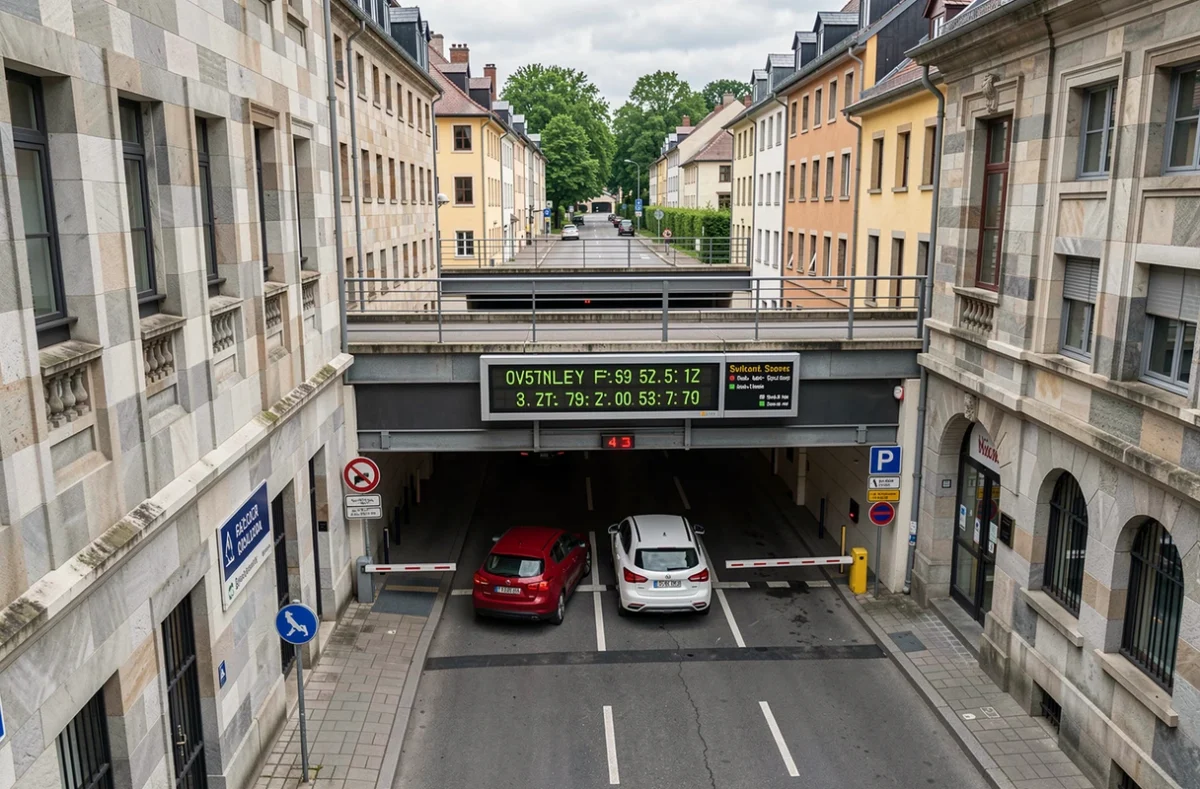 Entrée d'un parking souterrain en centre-ville avec barrière automatique et affichage des places disponibles à Colmar