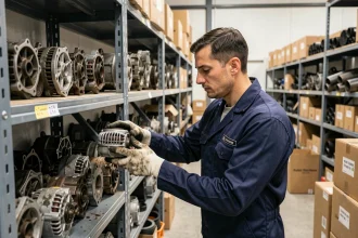 Employé de pièces auto inspectant un alternateur d'occasion dans un entrepôt de pièces détachées automobiles organisé