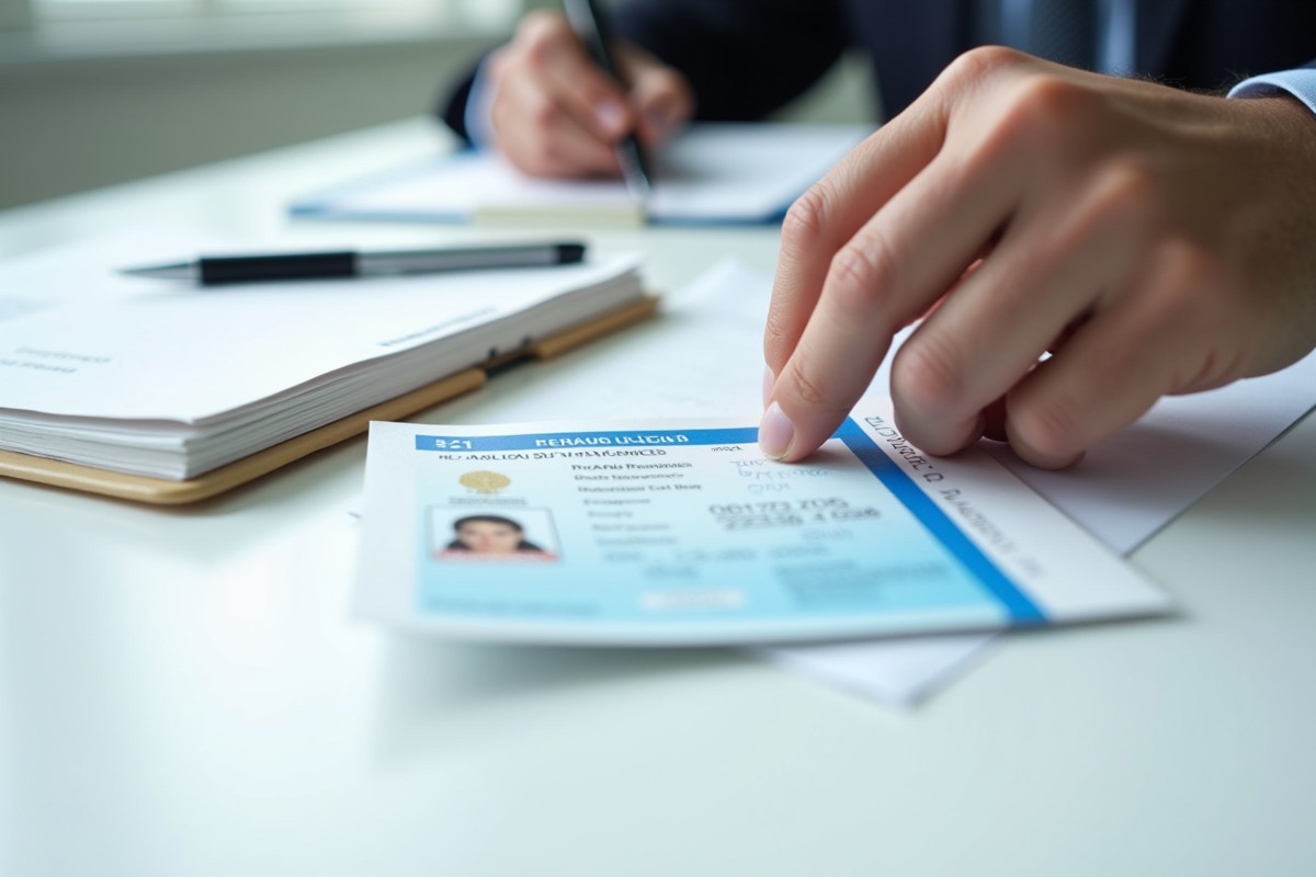 Main insérant un permis français dans une enveloppe sur un bureau lumineux