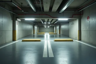 Pilier mal positionné entre deux places de parking en sous-sol, illustrant une erreur de conception fréquente dans les parkings souterrains