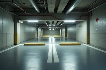 Pilier mal positionné entre deux places de parking en sous-sol, illustrant une erreur de conception fréquente dans les parkings souterrains