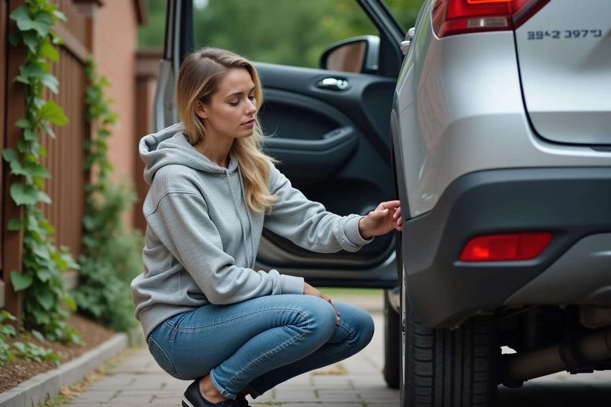 Femme consultant l'étiquette de pression constructeur sur le montant de la portière d'un SUV