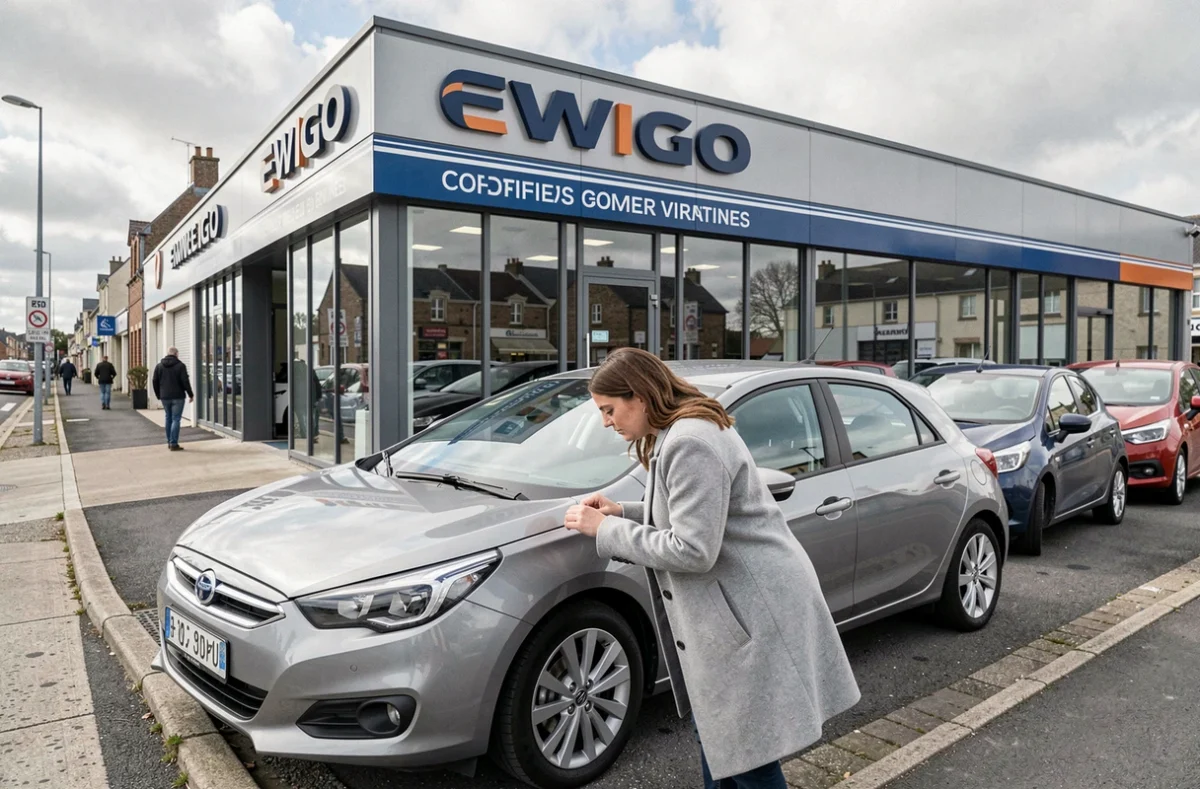 Façade de l'agence Ewigo Vannes avec une cliente inspectant une voiture d'occasion certifiée sur le parvis
